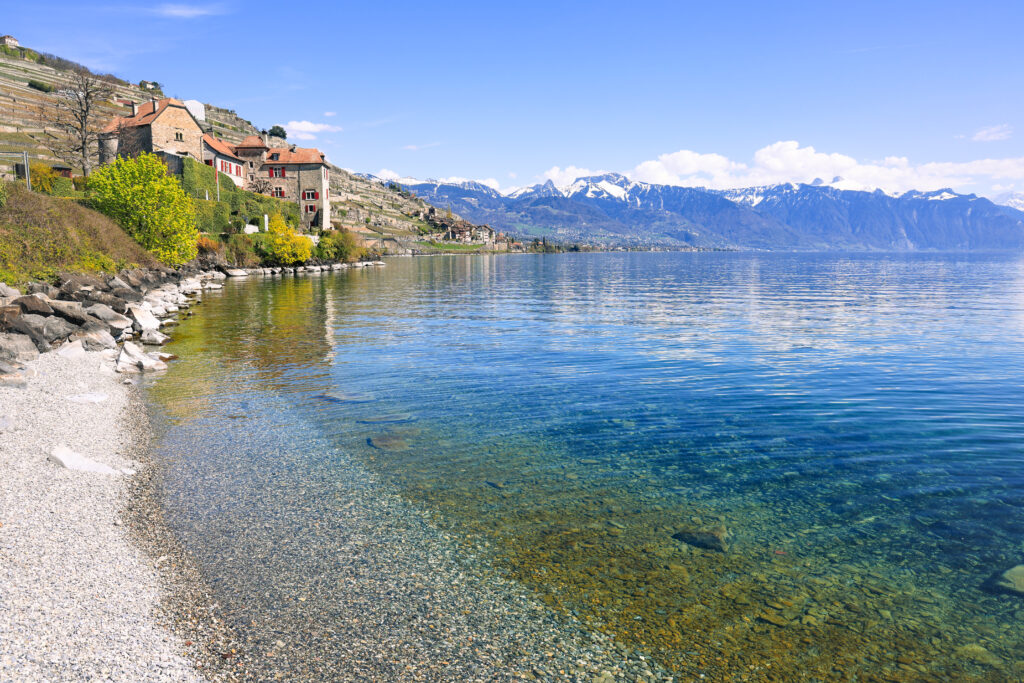 Rivage de galets au bord du lac Léman à Rivaz, avec le Château de Glérolles et les montagnes enneigées en arrière-plan sous un soleil printanier.
