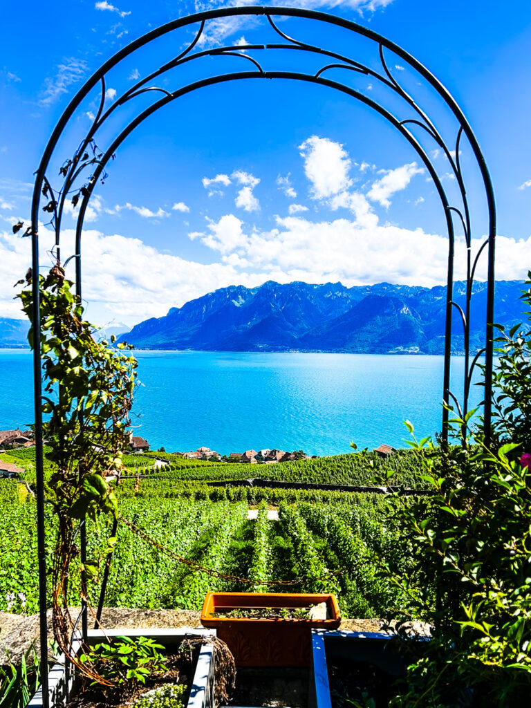 Vue sur le lac Léman et les Alpes depuis une terrasse à Chexbres, encadrée par une arche en fer forgé avec des vignes de Lavaux au premier plan.