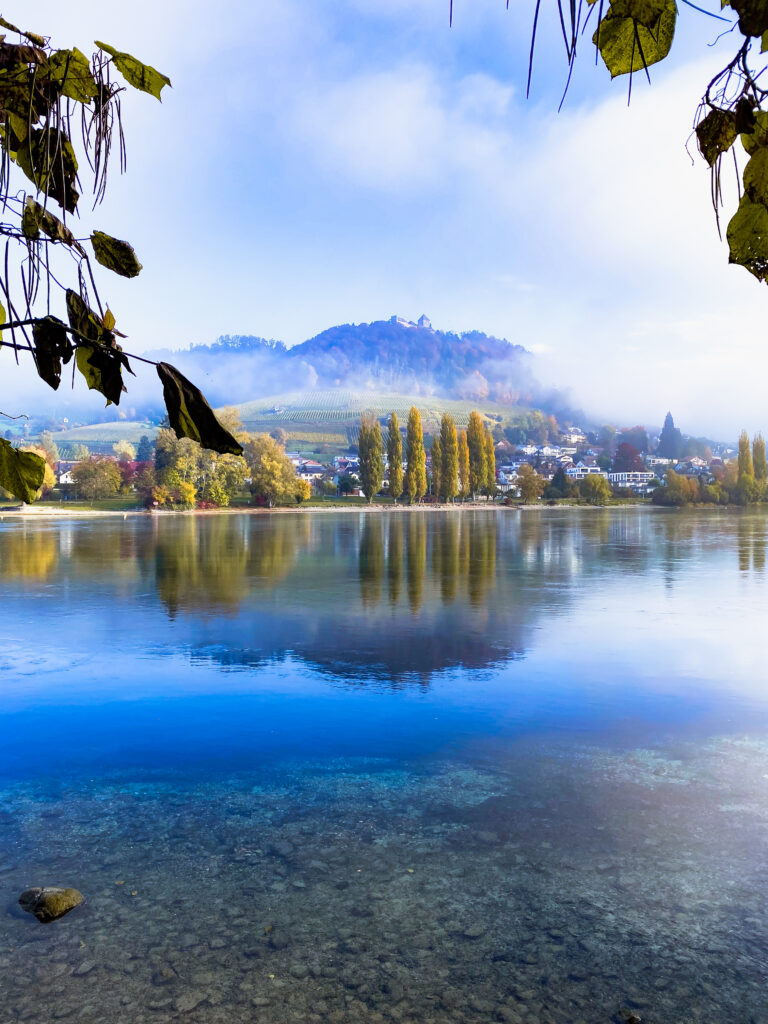 Lac du Rhin calme avec brume automnale et reflets, Wagenhausen Thurgovie Suisse